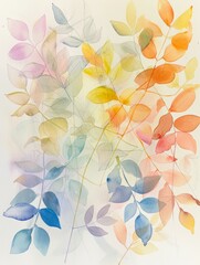 Poster - A watercolor painting of various leaves in shades of blue, green, yellow, orange, and pink. The leaves are arranged in a loose, flowing pattern