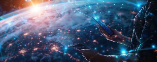 Wall Mural - mobile internet world communication, satellite network concept panorama. generative ai.