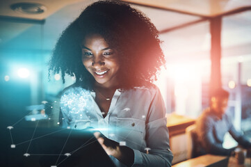 Canvas Print - Night, business and black woman with tablet in office for review, proposal deadline or networking. Lens flare, hologram and employee for project development, communication or online brand monitoring