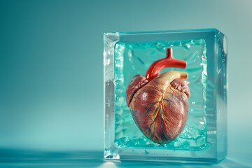 A close-up image of a translucent model of a human heart, suspended in a clear cube filled with a light blue liquid