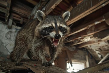 close-up of an angry raccoon in attic, teeth out, staring at the camera. attic cluttered with debris