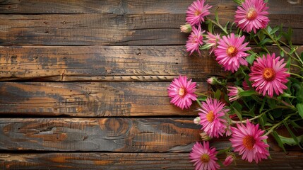 Wall Mural - pink aster close up on rustic wooden background with space for text