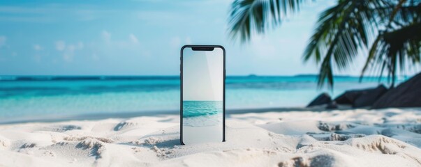 Wall Mural - mobile phone mockup on the tropical beach near sea, holiday internet concept panorama. generative ai