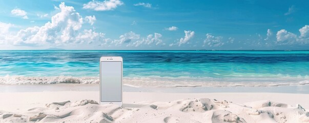 Wall Mural - mobile phone mockup on the tropical beach near sea, holiday internet concept panorama. generative ai