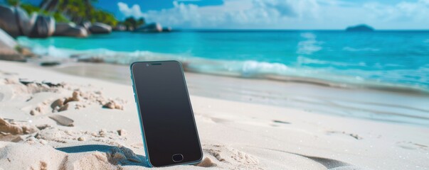 Wall Mural - mobile phone mockup on the tropical beach near sea, holiday internet concept panorama. generative ai