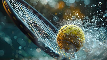 A tennis ball is in the air, about to be hit by a tennis racket