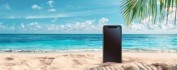 Wall Mural - mobile phone mockup on the tropical beach near sea, holiday internet concept panorama. generative ai