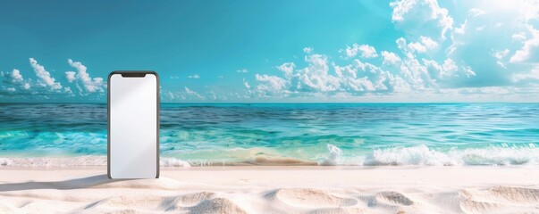 Wall Mural - mobile phone mockup on the tropical beach near sea, holiday internet concept panorama. generative ai