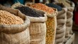 © Angelina - Assorted legumes in burlap sacks in a row