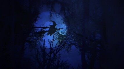 Wall Mural - flying witch haunted forest silhouette 4k loop features a view panning across a forest with a blue g