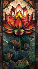 Wall Mural - A beautiful painting of a red flower with green leaves