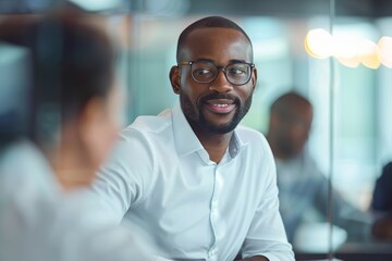 Wall Mural - A business professional wearing glasses sits in a modern office setting, engaged in a conversation with a colleague, while looking thoughtfully at the camera