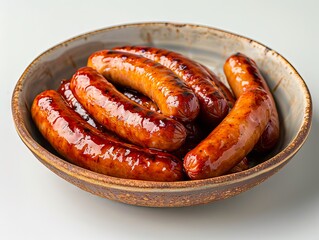 Wall Mural - A bowl of sausages on a white surface.