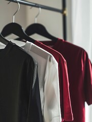 A black and white t - shirt hanging on a rack.