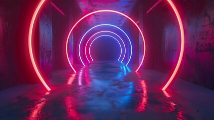 Wall Mural - red blue neon lines round shape inside empty room virtual space ultraviolet light