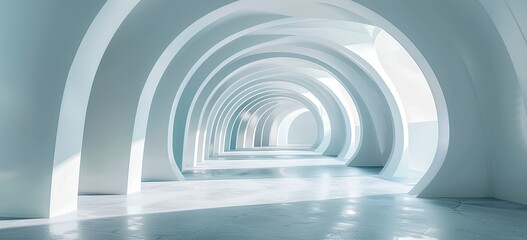 Abstract white futuristic tunnel with arches and light rays. Bright, empty room interior background. Background banner for presentation design