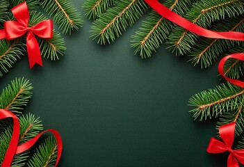 Beautiful border made of fir tree branches with red ribbon bow on green background. Merry Christmas, New Year concept. Holidays template for greeting card, invitation, poster. Flat lay, copy space.