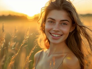 Poster - A beautiful young woman is smiling in a field of wheat. AI.