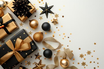 Wall Mural - festive christmas gold decorations on white background. christmas greeting card template, happy new 