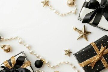 Wall Mural - festive christmas gold decorations on white background. christmas greeting card template, happy new 