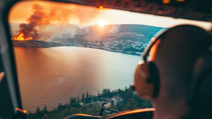 Wall Mural - A pilot's view of a wildfire burning near a lake. AI.