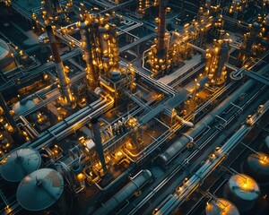 Poster - Aerial view of an industrial oil refinery at night. AI.