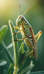 Canvas Print - A green grasshopper perches on a plant stem. AI.