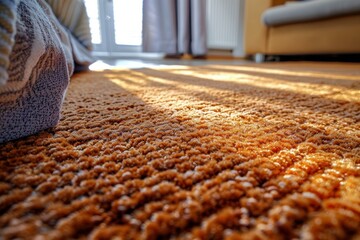 Wall Mural - Close-up of a brown carpet with a soft texture. AI.