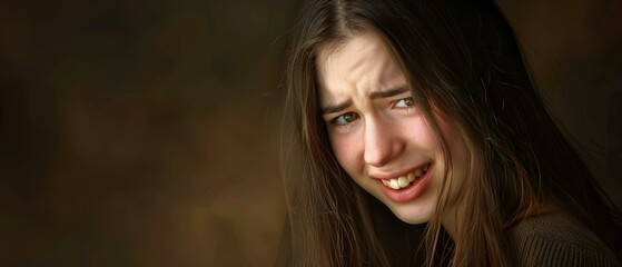 Wall Mural - A young woman with long brown hair is smiling. AI.