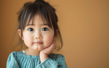 Wall Mural - A young girl with long hair and a blue shirt is looking at the camera. She has a serious expression on her face