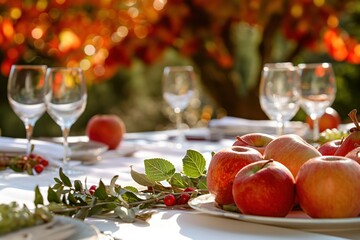 Autumnal table setting with white plate, six red apples and two empty wine glasses. Green plants surround the table with an orange-leaved tree behind. Suitable for festive banquet or harvest theme.