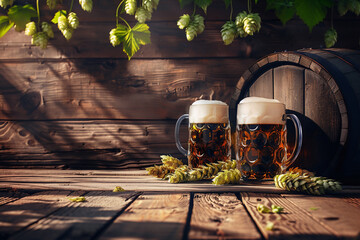 Wall Mural - Beer keg and beer glasses with wheat and hops on a wooden table