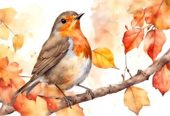 Wall Mural - white illustration background red leaves sitting olated yellow bird cute watercolor feather symbol p