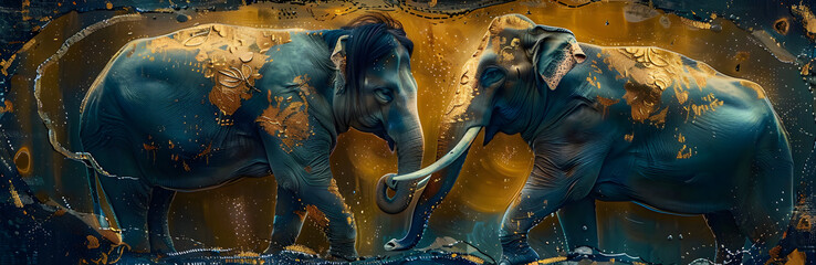 Wall Mural - art, abstraction, texture, gold elements, oil paintings, chinoiserie, animal prints, horses, elephan