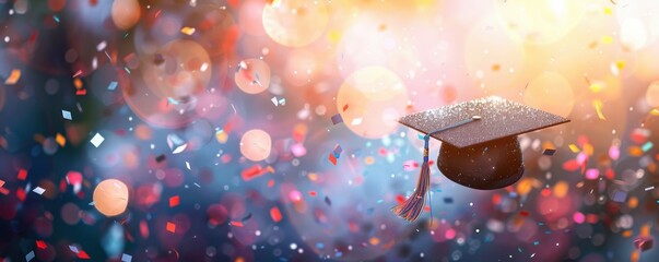 Wall Mural - Graduation cap with confetti, education school concept panorama banner. Generative AI.