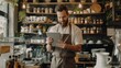 © Khalil - Man in restaurant, tablet and inventory check, small business and entrepreneur in hospitality industry. Male owner, scroll and cafe franchise, digital admin and stock taking with connectivity