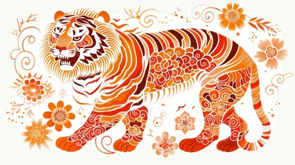 Wall Mural - Vibrant 2022 Tiger New Year Postcard Design Featuring Chinese Zodiac Animal and Holiday Text - Flat Vector Illustration