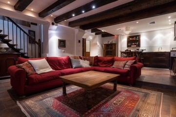 A modern basement loft with exposed wooden beams and a red sectional sofa