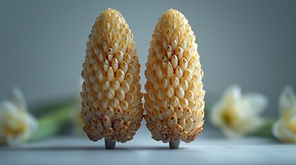 A close-up view of two cream-colored pinecones standing side by side, highlighting the intricate details and textures in their natural form. The soft hues create a serene and calm atmosphere.