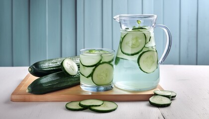 Wall Mural - Ingredients for cucumber detox drink on table 