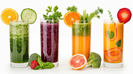 Wall Mural - Four healthy fresh fruit and vegetable smoothies isolated on white background 