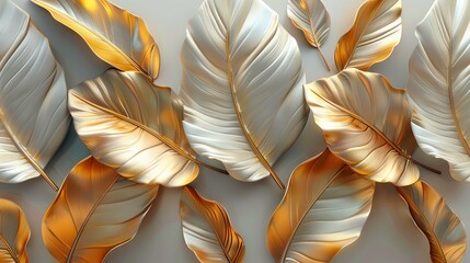 A gold floral and palm leaf wallpaper mural with a gray background. Abstract tropical leaves, banana leaves with a 3D line pattern.