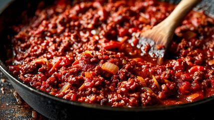 Bolognese sauce in a frying pan on a black background