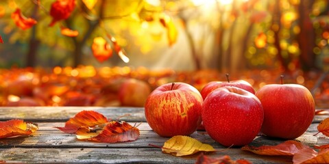 Wall Mural - Four apples on a wooden surface with autumn leaves and sunlight in the background