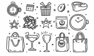 Bonus point rewards program offer doodle. Modern illustration. Doodle gift, discount coupon icon set. Hand drawn sketch style icon. Token reward program icon set.