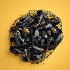 Wall Mural - Fresh mussels in a net resting on a yellow background