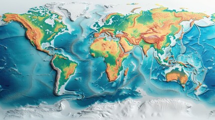 a large map of the world with mountains and oceans. the map is very detailed and shows the different