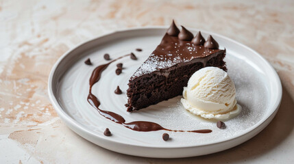 Wall Mural - Delicious chocolate cake and vanilla ice cream on a white plate on a light beige background