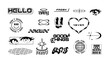 © Dedraw Studio - Trendy Y2K sticker illustration set. Retro 2000s text quote label collection. Funny futuristic tag with love heart, anime cartoon and party message. Black and white gen z cyber style bundle.