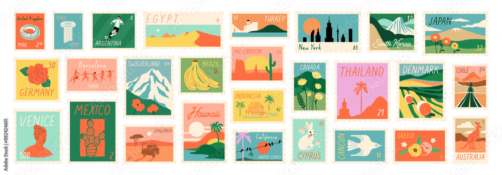 Set of vintage world travel post card stamp illustration. Retro style ...